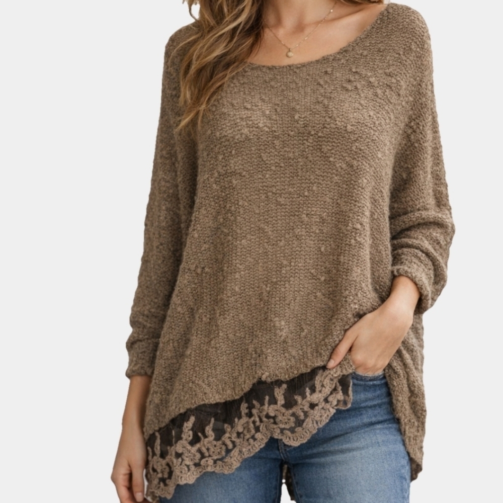 Olivia Sky Oversize Brown 3/4 Sleeve Sweater With Lace Trim Size M